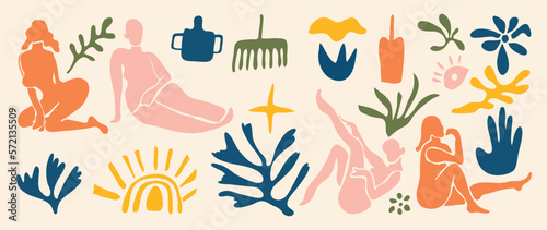 Set of abstract organic shapes inspired by matisse. Female body nude posture, vase, leaf papercut style pale green color. Contemporary aesthetic vector element for logo, decoration, print, cover.