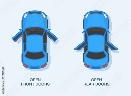 Isolated modern sedan car with rear and front doors open. Top view. Flat vector illustration template.