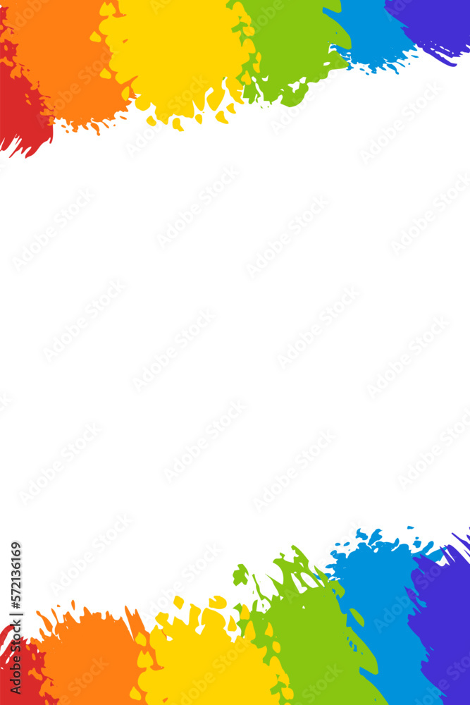 Rainbow painted colorful splashes on white background. Bright color spray paints explosion. Space for text with stains border. Vector creative design template for Holi festival poster banner.
Rainbow painted colorful splashes on white background. Bright color spray paints explosion. Space for text with stains border. Vector creative design template for Holi festival poster banner.