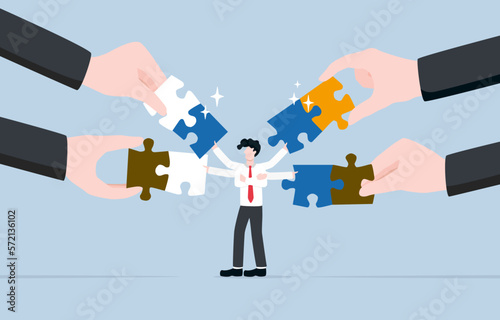 Business coordination skill, ability to work effectively with others, clear communication and adapting to changing circumstance concept, Businessman connecting jigsaw puzzles with many hands. 