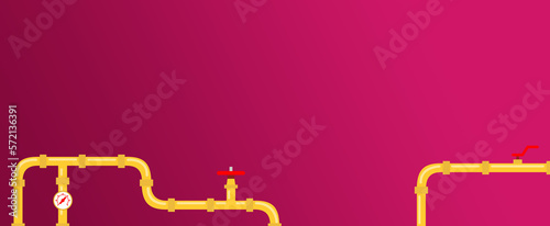 Yellow water pipes on red background. Horizontal industrial background with pipes.