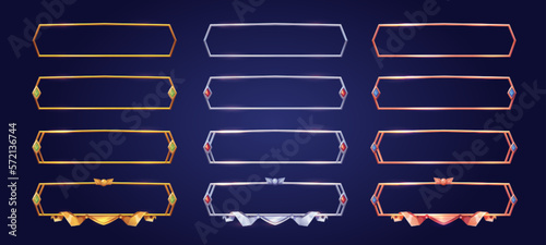 Medieval game frame, ui metal fantasy border, golden, silver or bronze button decorated with gemstones, vector icons isolated. Ancient rectangle banner, old vintage rank sign or empty item bar cartoon