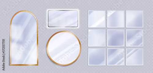 Realistic set of different mirrors png isolated on transparent background. Vector illustration of square, round, rectangular reflection glass mockups in golden, silver frames. Interior design element