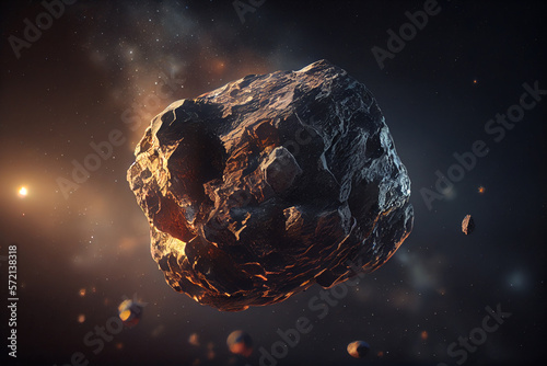 Illustration of an asteroid or meteorite hurtling through space. Generative AI.