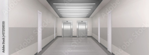 Realistic hallway with two closed elevators. Vector illustration of modern office, hospital, clinic or hotel building corridor with many white doors, lifts, led light lamps on ceiling and tiled floor
