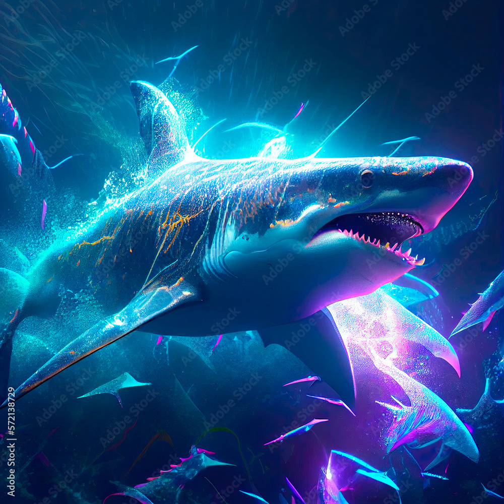 3d shark seabed with bright fluorescent magic neon light swimming