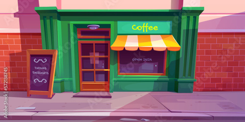 Fototapeta Naklejka Na Ścianę i Meble -  Vintage coffee shop. Cafe storefront building exterior design. Small business on city street cartoon vector background. Italian cafeteria with brick wall outside and tent under window.