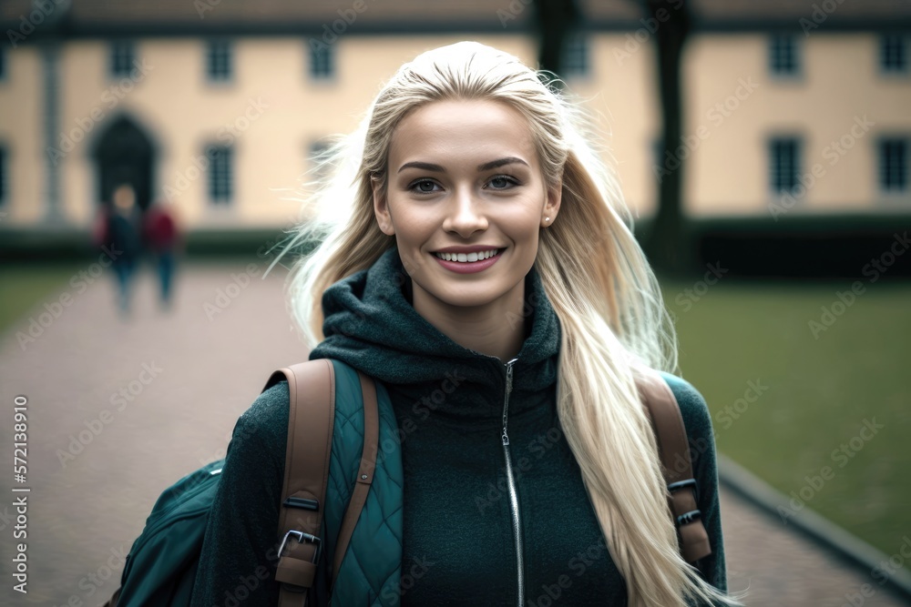 Smiling blonde college student looking at the camera at the University Campus. Generative AI Smiling blonde college student looking at the camera at the University Campus. Generative AI