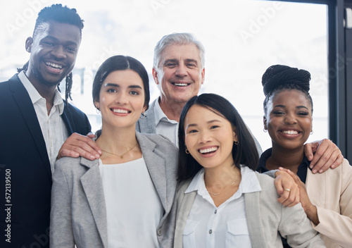Portrait, smile and diversity of business people in office for company goals, team building or motivation. Teamwork, collaboration and group of happy employees with vision, mission or success mindset