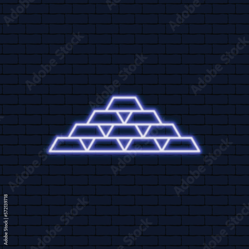 stack of gold neon icon. Thin line stack of gold icon from business and finance collection. Editable vector isolated on blue brick wall background. Outline  stack of gold symbol