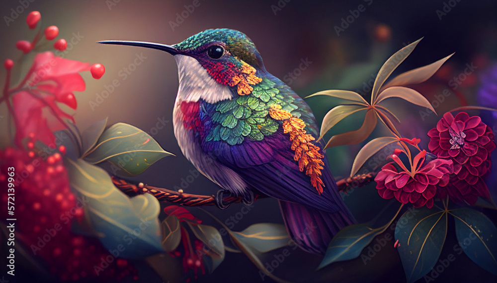 Fototapeta premium Colorful hummingbird sitting on a branch. Generative AI