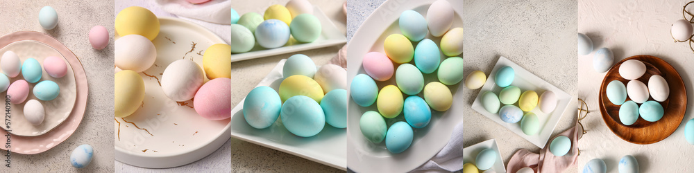 Fototapeta premium Collage with many painted Easter eggs