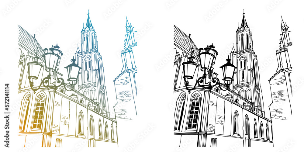 Nice view of ancient European architecture. Colourful and black and white sketch