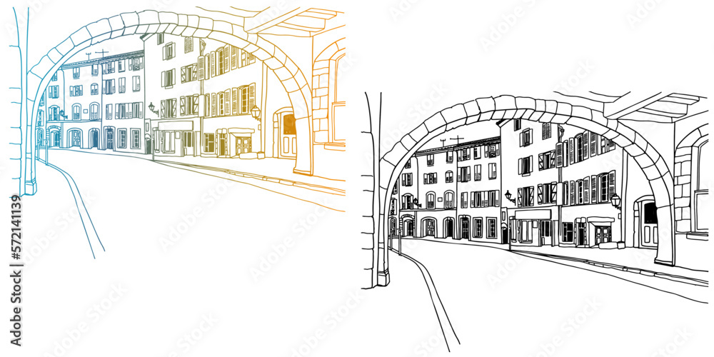 View of the arch and the old street in Provence, France. Colorful and black and white Vector illustration on white
