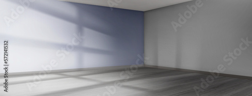 Empty room with blue wall and gobo light effect through window. Minimal corner background with realistic shadow. 3d render perspective view mockup with indoor sunlight. Simple showroom template.
