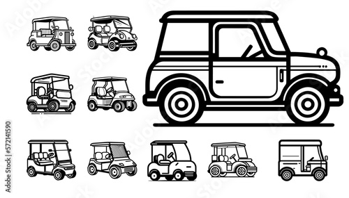 Golf cart or club car sport vehicle transport outline icons vector silhouette logo pictogram set