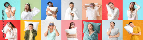 Collage of different people with bedding and sleep masks on color background photo