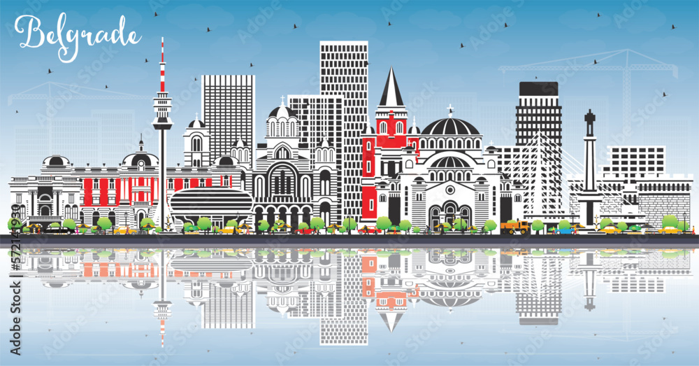 Belgrade Serbia City Skyline with Color Buildings, Blue Sky and Reflections. Vector Illustration. Belgrade Cityscape with Landmarks.