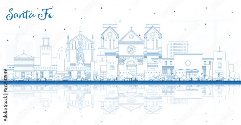 Outline Santa Fe New Mexico City Skyline with Blue Buildings and Reflections. Vector Illustration. Santa Fe USA Cityscape with Landmarks.