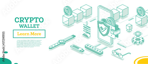 Isometric Crypto Wallet Connected with Smartphone. Cryptocurrency Industry.
