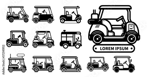 Golf cart or club car sport vehicle transport outline icons vector silhouette logo pictogram set