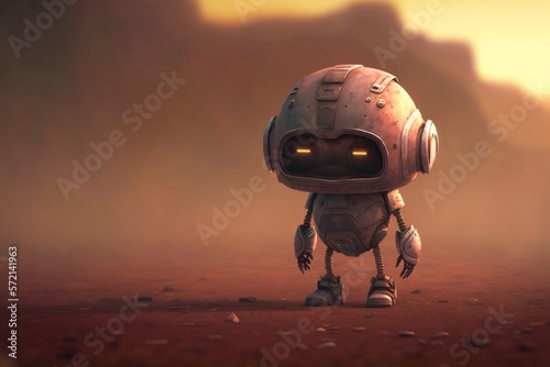 Cute Chibi Cartoon Robot on Mars. Kawaii Animation Sad Martian Rover Bot. [Science Fiction Landscape. Graphic Novel, Video Game, Anime, Manga, or Animated Film Style Illustration.] photo