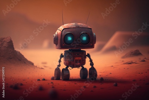 Fototapeta Naklejka Na Ścianę i Meble -  Cute Chibi Cartoon Robot on Mars. Kawaii Animation Martian Rover Bot. [Science Fiction Landscape. Graphic Novel, Video Game, Anime, Manga, or Animated Film Style Illustration.]
