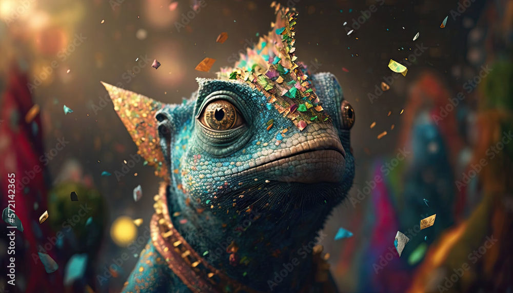 Cute and Cool Animal Chameleon in Rio Carnival Costume: Colorful Illustration of Adorable Wildlife in Festive Brazilian Street Party with Samba Music and Dancing Floats Celebration generative AI