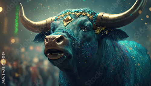 Cute and Cool Animal Bull in Rio Carnival Costume: Colorful Illustration of Adorable Wildlife in Festive Brazilian Street Party with Samba Music and Dancing Floats Celebration generative AI