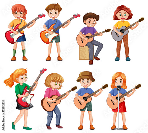 Set of kids playing different musical instrument