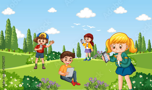 Outdoor scene with people using technology devices