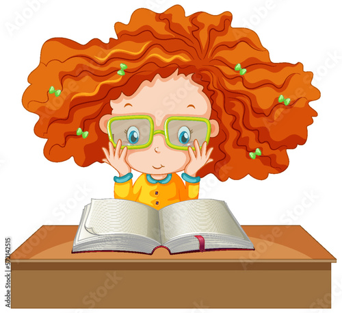 A girl reading a book on white background