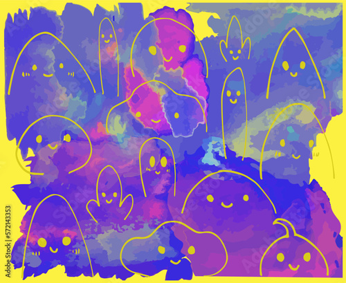 Abstract funny faces on watercolor background, bright design doodle