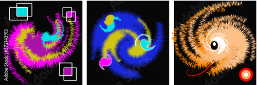 Abstraction. A collection of fantastic, vibrant, colored swirling and spiky brush strokes. Modern poster and background. Color illustration on a black background.