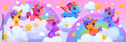 Cute unicorns in sky with rainbows  clouds and stars. Magic animals  fairy pony characters in sky. Fantasy wonderland with beautiful unicorns  vector cartoon illustration