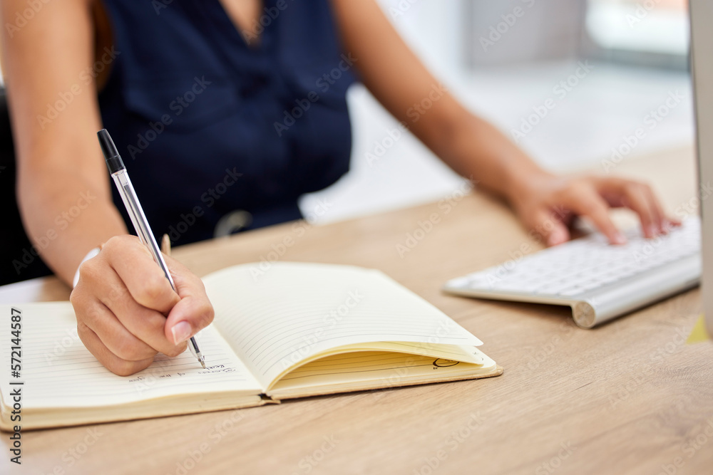 Hands, accountant or woman writing in notebook for financial strategy or company growth tax audit review in office. Finance, keyboard or advisor for stock market, invest budget or mortgage planning Hands, accountant or woman writing in notebook for financial strategy or company growth tax audit review in office. Finance, keyboard or advisor for stock market, invest budget or mortgage planning