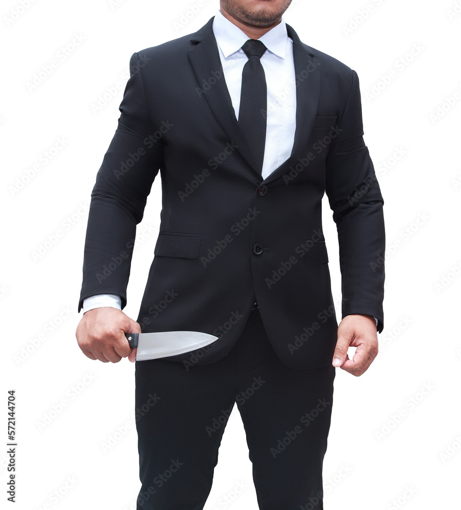 Young businessman in black suit holding a kitchen knife, killer, killer with a knife, transparent background, png file. Young businessman in black suit holding a kitchen knife, killer, killer with a knife, transparent background, png file.