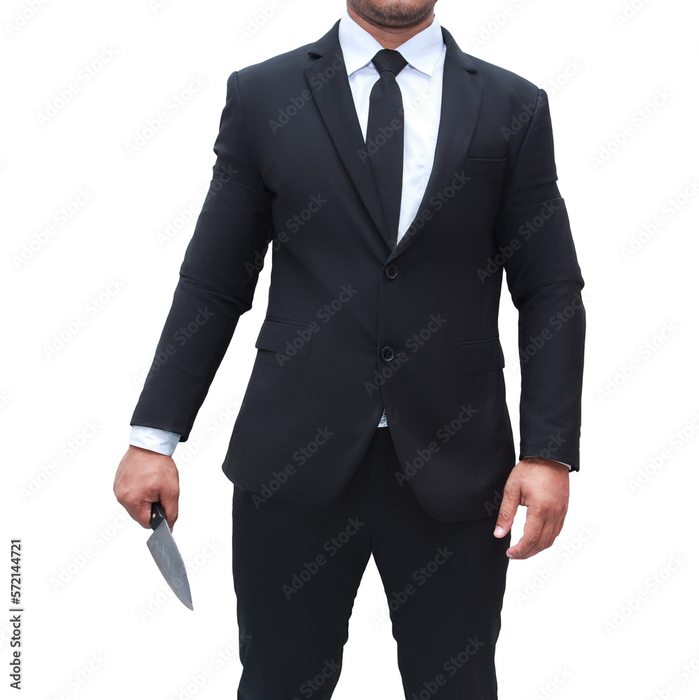Young businessman in black suit holding a kitchen knife, killer, killer with a knife, transparent background, png file. Young businessman in black suit holding a kitchen knife, killer, killer with a knife, transparent background, png file.