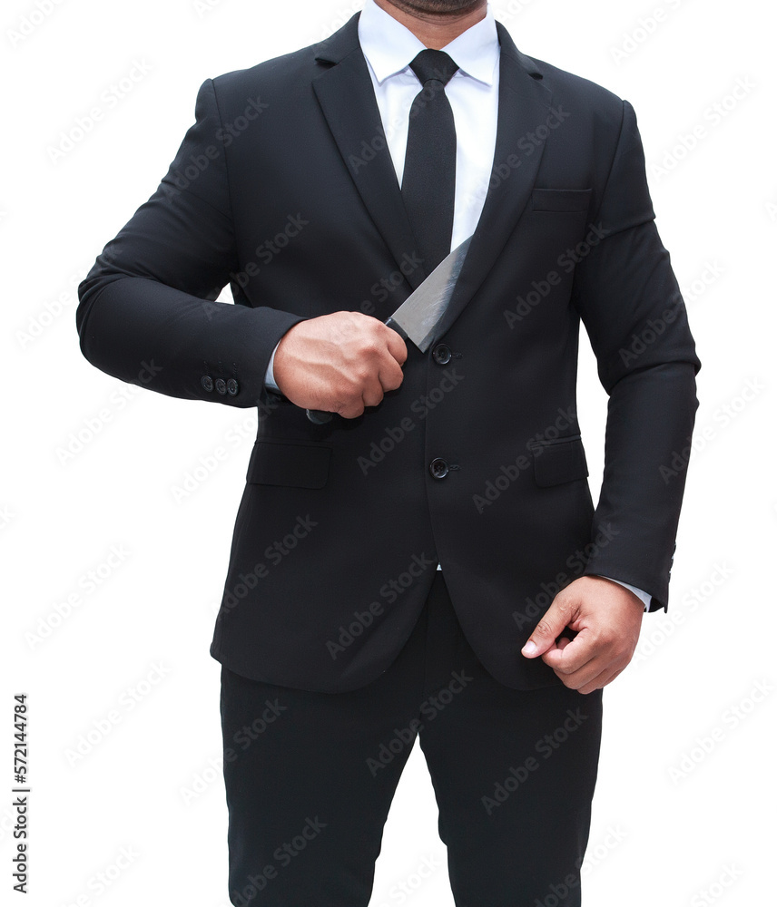 Young businessman in black suit holding a kitchen knife, killer, killer with a knife, transparent background, png file. Young businessman in black suit holding a kitchen knife, killer, killer with a knife, transparent background, png file.