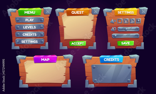 Cartoon set of wood and paper game ui boards. Vector illustration of menu, settings, quest, map, credits wooden frame with iron corners, blank ancient parchment templates isolated on background
