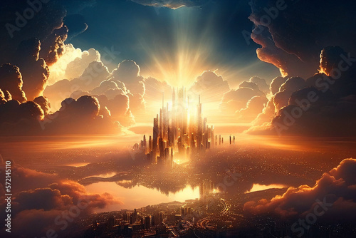 abstract new city in heaven, paradise city, afterlife, symbol of christianity, generative ai photo
