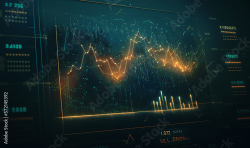 Fotografiet Dramatic stock market scene with descending graph on a dark background, symboliz