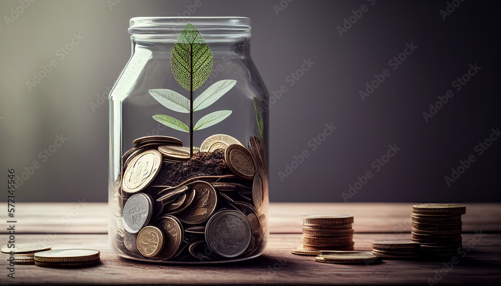 A jar with different coins and green growth growing from above, stand on a wooden background, the concept of growth and saving money. Generative AI - obrazy, fototapety, plakaty 
