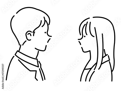 向かい合う男女のイラスト　線画のみ