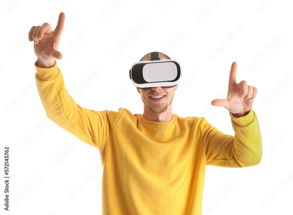 Young man using VR glasses on white background Young man using VR glasses on white background