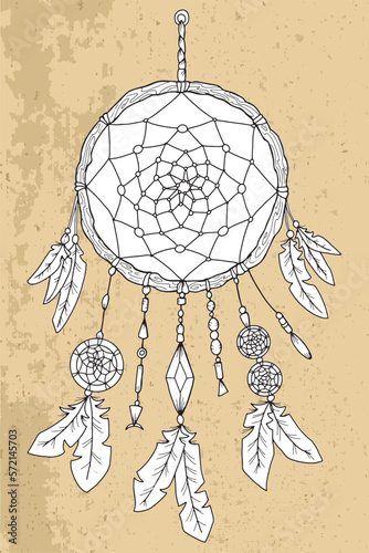 Black and white vector graphic illustration with mystic, esoteric and occult symbol of dreamcatcher against vintage textured background