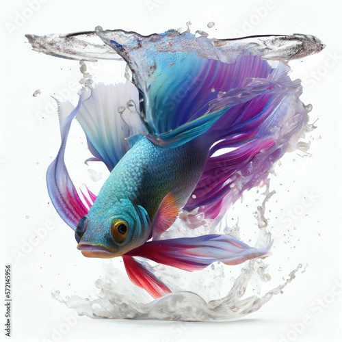 An ultra realistic Rainbow fish fighting fish that jumps by splashing on a white background generative ai photo