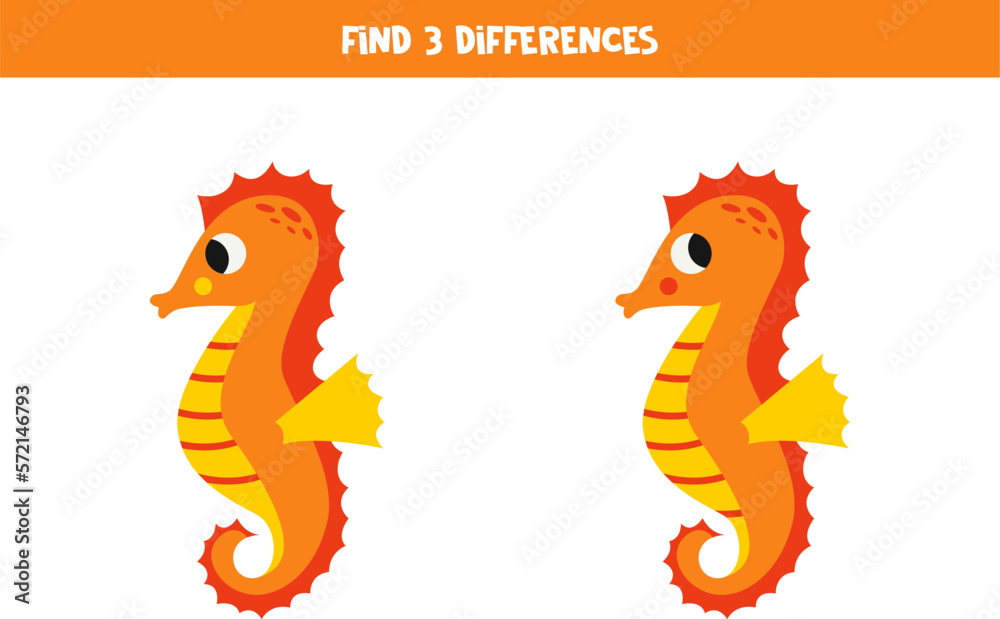 Find three differences between two cute seahorses. Find three differences between two cute seahorses.