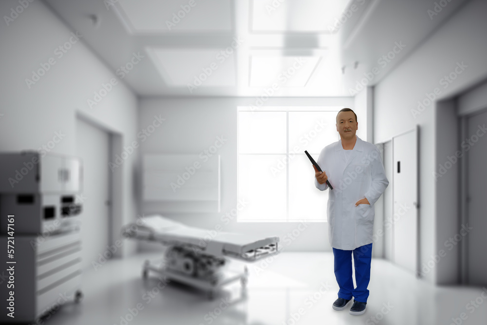 Portrait of senior doctor standing in patient room. 3D illustration image.