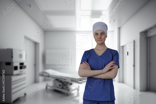 Portrait of surgical doctor standing in patient room. 3D illustration image.